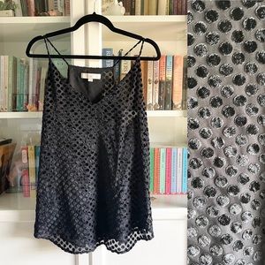 LOFT Sleeveless Blouse Velvet Burnout Tank Top Polka Dots Black Size L